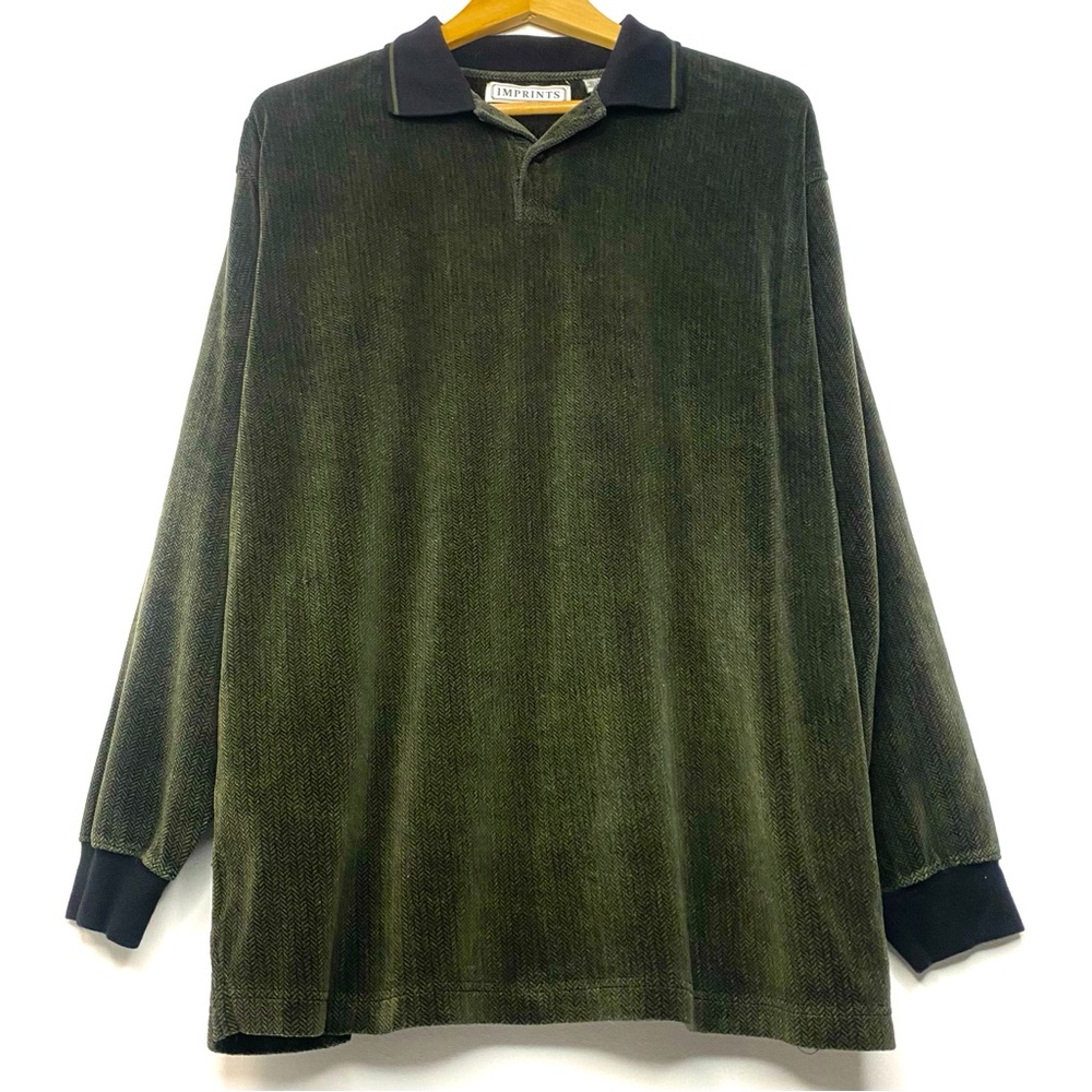 Vintage Imprints Men’s Dark Green & Black Velour Long Sleeve Polo Shirt Medium - Picture 3 of 8